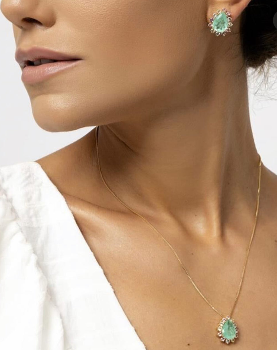 Tourmaline fusion drop-shaped earring and chain is gold plated