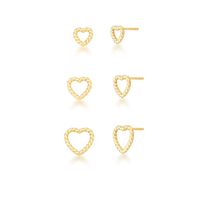 Three-piece earring set with braided heart designs, gold-plated.