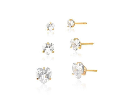 3 pairs of gold-plated heart-shaped crystal earrings