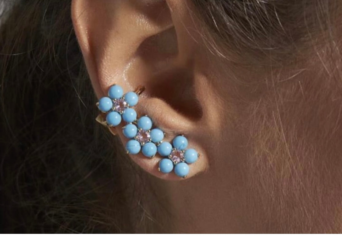 Ear cuff earrings with flowers in turquoise color plated gold