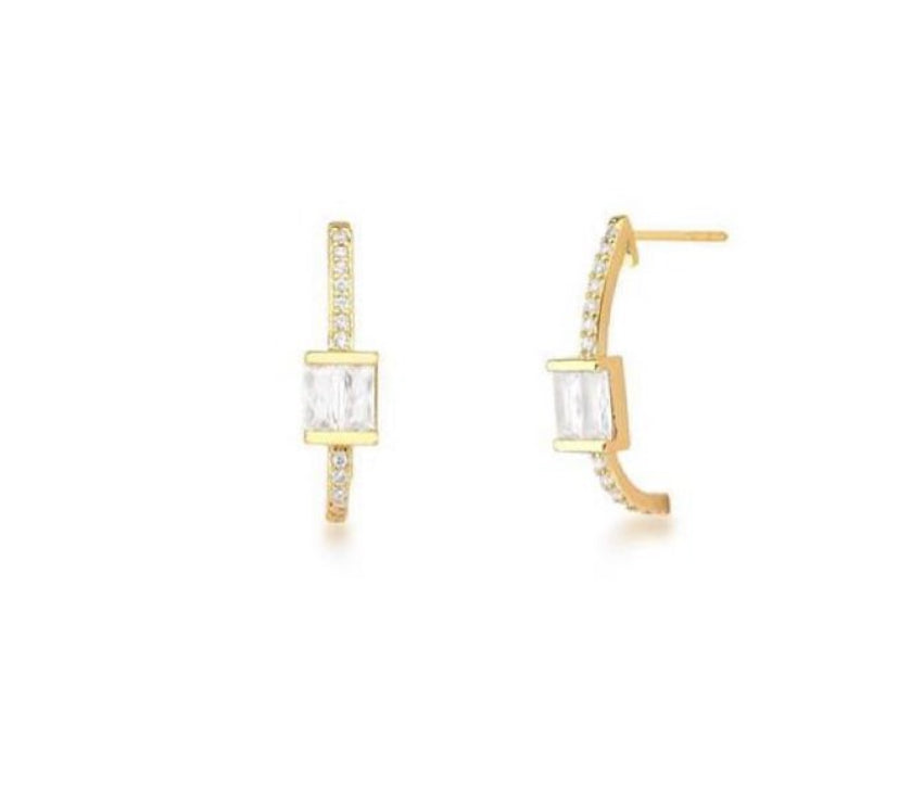 Curved earring with square crystal and gold plated