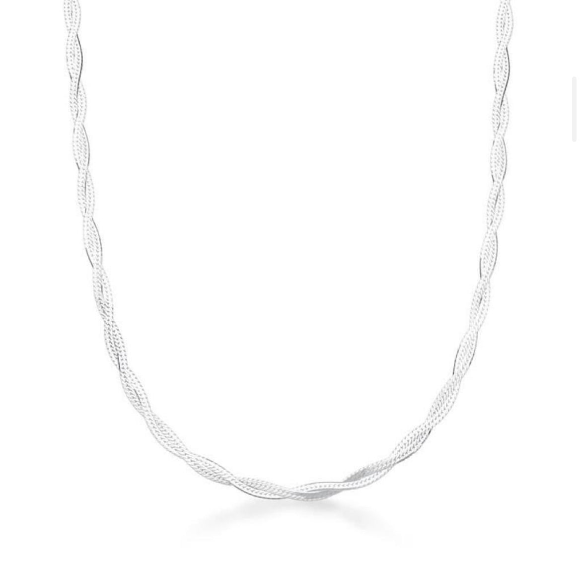 Silver chain with two braided turns.