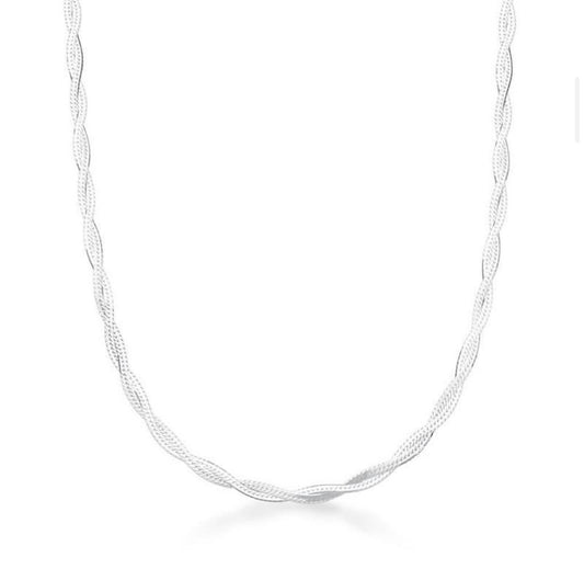 Silver chain with two braided turns.