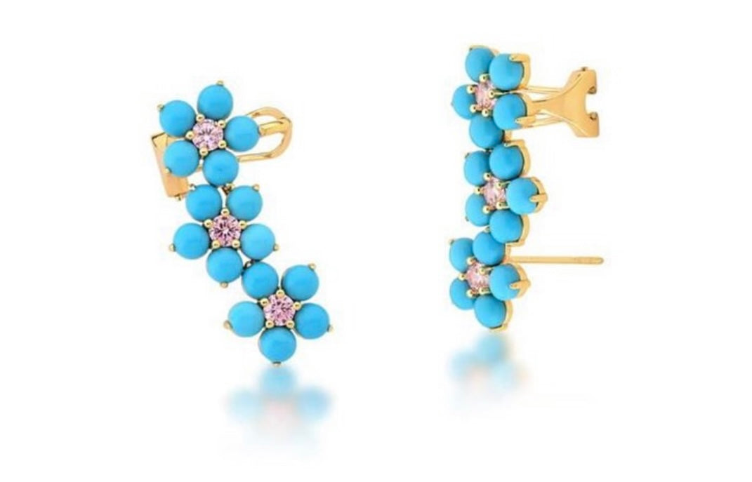 Ear cuff earrings with flowers in turquoise color plated gold